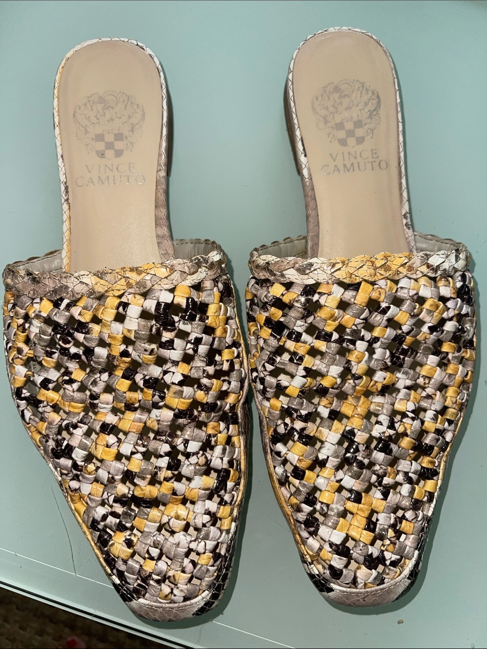 Vince Camuto Women's Woven Slip-On Mules in Yellow, Black & Cream
